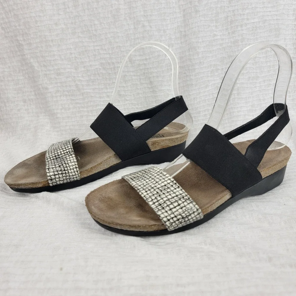 Munro American Sandals‎ Womens Size 8 Black White Snake Elastic Straps Summer